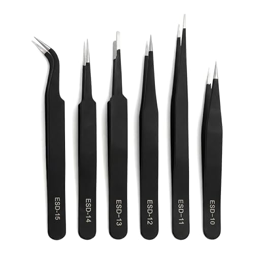 6-Piece ESD Precision Tweezers Set, Stainless Steel Fine Tip for PCB Repair