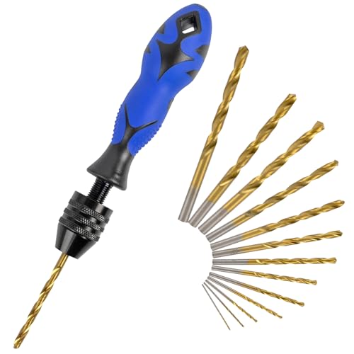 Hand Vise Hand Drill Manual Adjustable Pin Vise 0.8~6.5mm with 13 Pcs Drill Bits HSS Twist Drill Bits Set(0.8mm-6.5mm) for Wood, Jewelry, Plastic, Beads Etc - size: 14 PCS(1Pin Vise+13drill bits)