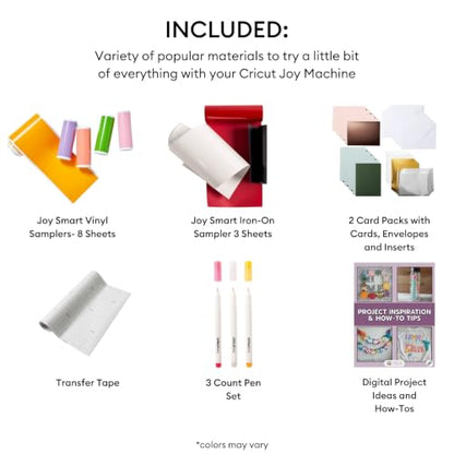Cricut Deluxe All‑in‑One Sampler Kit for Cricut Joy Machines- 40+ Piece Bundle with Vinyl, Heat Transfer Vinyl, Card Sets with Pens & Instructional Guides, Beginner Die-Cutting Machine Materials Pack - color: Deluxe Sampler