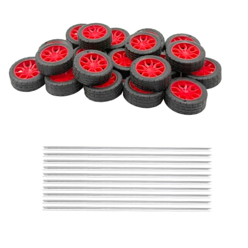 20PCS Small Toy Car Wheel 30mm Model Car Rubber Tire Wheels with 10PCS Shaft Round Rod Axles for DIY Model Toy RC Car Truck Robot Building Accessories (Red 2x30mm) - style: Red 2x30mm