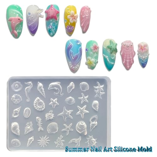 1 Pcs Nail Molds 3D Summer Silicone Nail Mold Marine Animals Design Nail Art Molds Carving Template Cute Starfish, Shell Molds Silicone Nail Tools for Women Acrylic Nails Art Supplies DIY - color: Styl 16