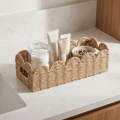 Natural Scalloped Basket, Toilet Tank Tray, Back of Toilet - color: Khaki