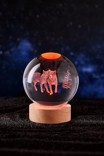 3D Wolves Crystal Ball Lamp with Remote Control, 3.15 inch Wolf Crystal Night Light with Wooden Base 16 Colors Change, Wolf Glass Figurine Lamp Gift for Girls Boys Wife Girlfriend Mom (Wolves) - color: Wolves