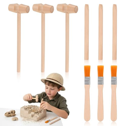 DOITOOL 9 Pcs Wooden Excavation Tools for Kids, Dinosaur Dig Kit with Mini Hammer Chisel Brush Scraper, Stem Science Gemstone Toys