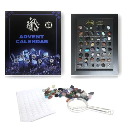 Men & Adults Crystal Advent Calendar With Wood Collection Frame 2025, 24 Days Gemstones & Minerals Countdown Advent Calendar Xmas Natural Rocks Gem Stones Theme