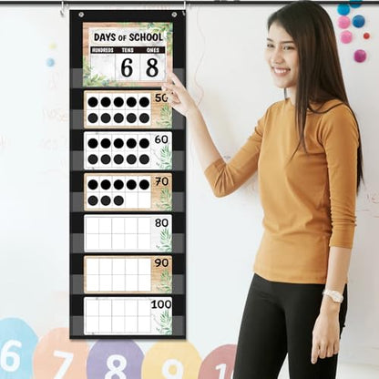 Funrous Days of School Pocket Chart Number of The Day Countdown Posters Back to School Eucalyptus Countdown Bulletin Board Decor Hundreds Tens Ones Place Value Chart Cards for Classroom Home - style: Retro Eucalyptus