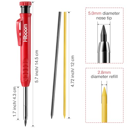 Hiboom Mechanical Carpenter Pencil with 7 Leads, Deep Hole Marker, Red - color: Red
