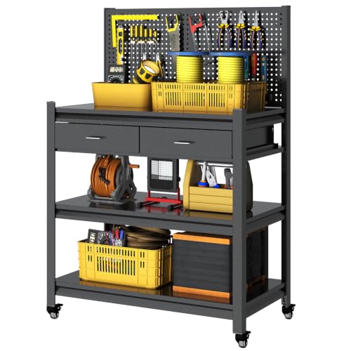 Metal Workbench, Mobile Work Table, Pegboard & Drawer, 2 Pack - size: 47.2"H x 33.5"W x 18"D with Drawers