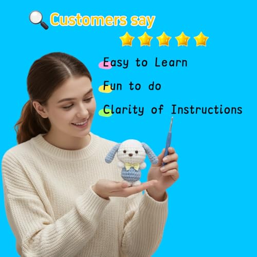 BUNUKY Crochet Kit for Beginners, Amigurumi Puppy Crochet Starter Kit with Step-by-Step Video Tutorials, Complete DIY Craft Kit Gift for Adults & Teens - color: Sky Pup