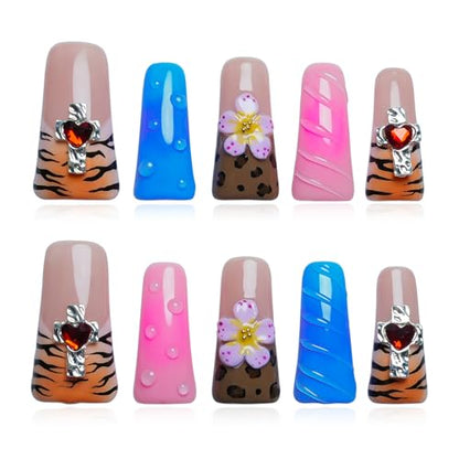 Handmade Press on Nails Long Duck, Tiger Flower Heart Fake Nails | Glossy Multi-Layer Acrylic Finish with Tiger Print Accent, 3D Flower Detail and Cross with Red Heart on Duck Shape, Size M - color: Tame the Wild Heart, size: M