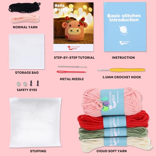 Crochet Kit for Beginners Adults - Cow Starters Crocheting Animal Kits for Teen, DIY Craft Birthday Gift with Crochet Yarns, Hook, Step-by-Step Video, Instruction and Crochet Accessories - color: Pink Cow