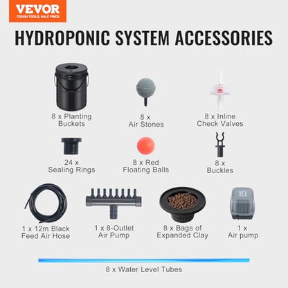 VEVOR DWC Hydroponic System, 5 Gallon 8 Buckets, Deep Water Culture Growing Bucket, Hydroponics Grow Kit with Pump, Air Stone and Water Level Device, for Indoor/Outdoor Leafy Vegetables - style: 8 Buckets