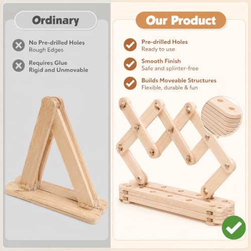 Wooden Craft Sticks with Holes,250 Pcs Pop Wood Slats for Kids DIY Model Building, Pre-Drilled Wooden Sticks for STEM School Projects