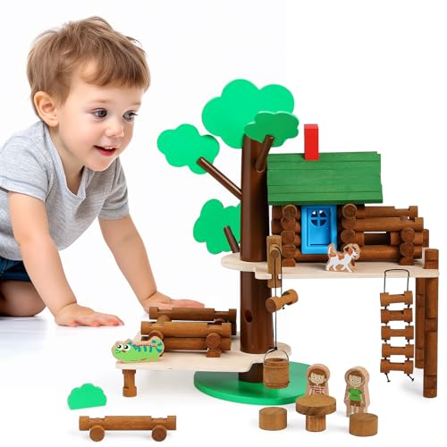 SainSmart Jr. 2-Tier Wooden Tree House Building Set – Educational Gift for Kids, Creative STEM Toy with Cabins and Interchangeable Leaves, STEM Retro Classic Toy Compatible with Lincoln Logs - style: 2-Tier Tree House - 84 Pcs