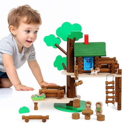 SainSmart Jr. 2-Tier Wooden Tree House Building Set – Educational Gift for Kids, Creative STEM Toy with Cabins and Interchangeable Leaves, STEM Retro Classic Toy Compatible with Lincoln Logs - style: 2-Tier Tree House - 84 Pcs