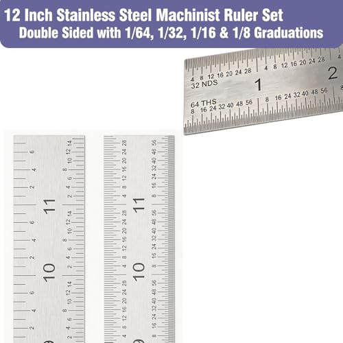 12 Inch Machinist Ruler Set - Stainless Steel Precision Double Sided Ruler with 1/64, 1/32, 1/16 & 1/8 Inch Graduations, Etched Markings - for Engineers,Woodworking and DIY (1, 12 Inch) - size: 12 Inch
