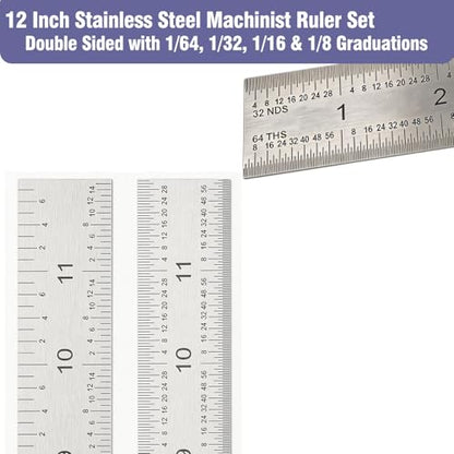 12 Inch Machinist Ruler Set - Stainless Steel Precision Double Sided Ruler with 1/64, 1/32, 1/16 & 1/8 Inch Graduations, Etched Markings - for Engineers,Woodworking and DIY (1, 12 Inch) - size: 12 Inch