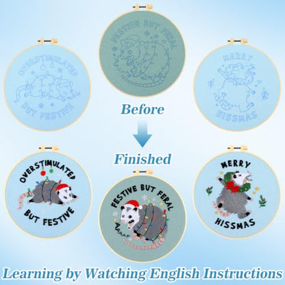 Mindsoft 3 Set Needlepoint Kit for Beginners with Hoop,Christmas Possum - style: Christmas Possum