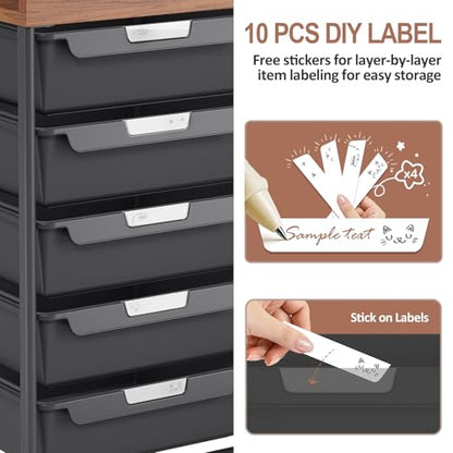 10 Drawers Rolling Cart with Wooden Tabletop, Utility Storage Cart with Wheels, Art Supply Craft Organizer on Wheel with Metal Frame & Handles for Home Office School,Black - color: Black