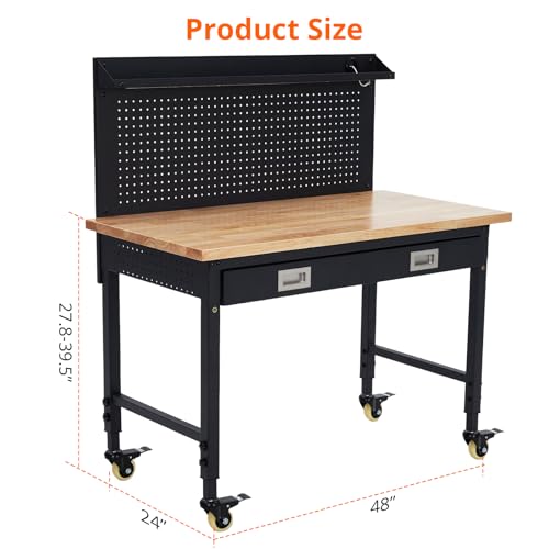 48 Inch Workbench with Drawer and LED Light, Rubber Wood Top, Power Strip - size: 48x24 in w/ Drawer & Pegboard
