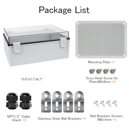 Junction Box IP65 Waterproof ABS Plastic Enclosure Hinged PC Clear Cover Electrical Project Box with Mounting Plate, Wall Brackets, Cable Glands 15.7" x 11.8" x 7.1" - color: Clear Cover, size: 15.7" x 11.8" x 7.1"
