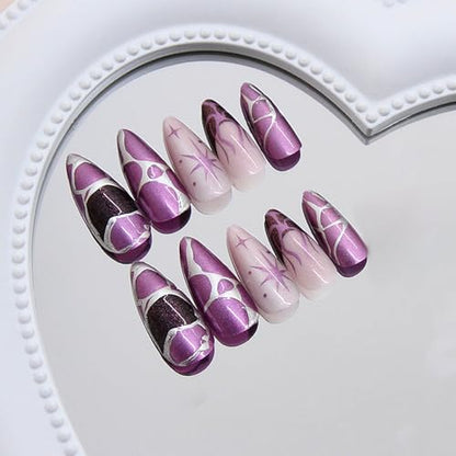 Purple Cat Eye Press on Nails Almond Shape Length Fake Nails Glossy Ombre False Nails with 3D Metal Irregular Lines Designs Acrylic Nail Press Ons Full Cover Glue on Nails for Women 24Pcs - color: Style16