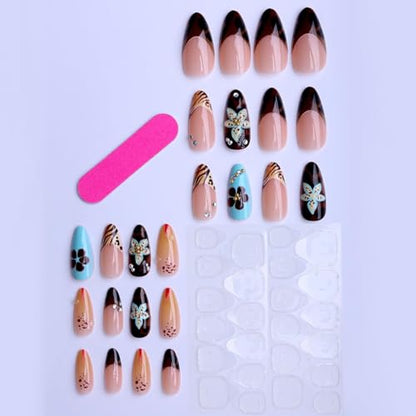 Almond Press on Nails Long Colorful Fake Nailwith 3D Flowers Designs Acrylic Nail Press ons Sparkly Rhinestones Stick on Nails for Women 24pcs - color: Color02