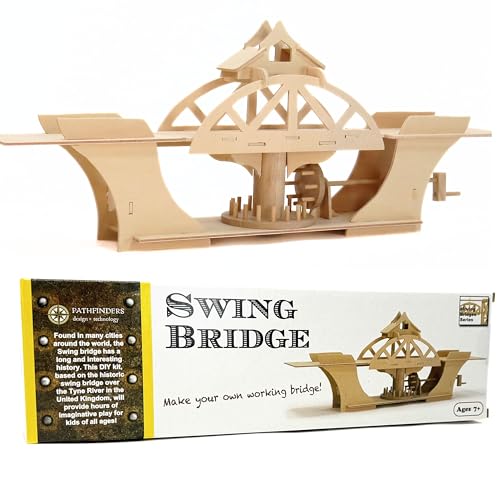 PATHFINDERS Swing Bridge STEM Kit – Wooden Mechanical Bridge Model to Build – DIY Engineering Kit for Kids & Adults – Hand-Powered Gear Mechanism – Educational Science & Engineering Toy