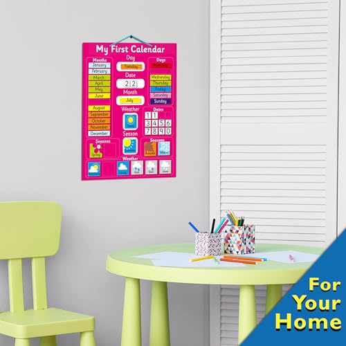 My First Magnetic Pink Calendar for Kids, Rigid Board (40x32 cm) plus Easy Hanging Loop, Days of the Week, Date & Month of the Year, Weather & Seasons, Suitable for learning at Home or in a Classroom - color: Pink