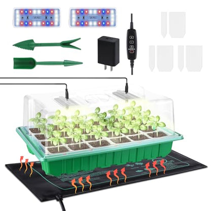 Large Seed Starter Trays with Heat Mat, Seed Starter Kit with 48 Full Spectrum LEDs, 24 Large Cells Seed Germination Kit with Adjustable Humidity Vents for Indoor Plants Seeds Starting - size: L×1 with Heat Mat