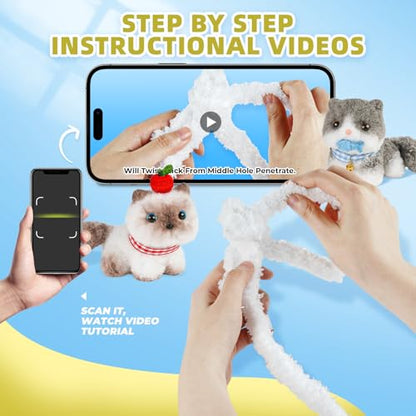 Pipe Cleaners Craft kit, A Pipe Cleaner kit Suitable for Beginners. It Includes a Kits for Making the Shapes of 4 Animal and Comes with Simple and Easy-to-Understand Video tutorials(4pack cat)
