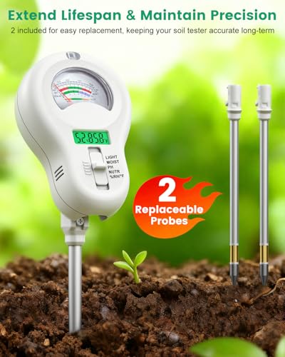 6-in-1 Soil Tester with 3 Probes - Soil Moisture, pH, Fertility, Temperature, Light & Air Humidity Meter, Soil Test Kit for Garden, Lawn, Indoor and Outdoor Plants