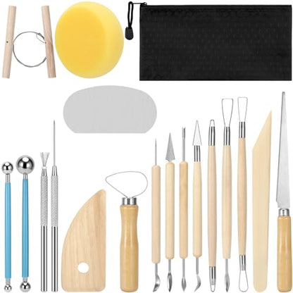 Blisstime 18PCS Clay Sculpting Tools, Basic Clay Pottery Carving Tool Kit with Wooden Handles and Tool Bag - color: Burlywood