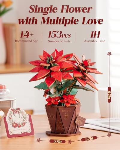 Rowood 3D Puzzles for Adults,Poinsettia Building Set Craft Kit,Artificial Flower Botanical Collection,Christmas Flowers Decoration Centerpiece for Table - style: Poinsettia