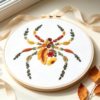 Fall Spider Embroidery Kits for Beginners Adults, Autumn Halloween Embroidery Starters Kits, Stamped Cross Stitch Kits Needlepoint Kits for Beginners Adults, Embroidery Hoop, Thread and Video Tutorial - color: H2128