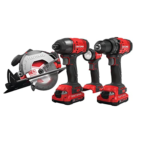 CRAFTSMAN V20 MAX Cordless Power Tool Kit, Circular Saw with 6 1/2 inch Blade, 1/4 inch Impact Driver, 1/2 inch Drill/Driver, LED Task Light, Battery and Charger Included (CMCK401D2AM)