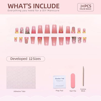 Duck Mouth Press on Nails Medium Square Fake Nails French Tips Glue on Nails with Star Rhinestone Charms Designs Duck Nail Tips 24Pcs Glossy Full Cover Glue on Nails for Women Acrylic Nails - color: Style-A12