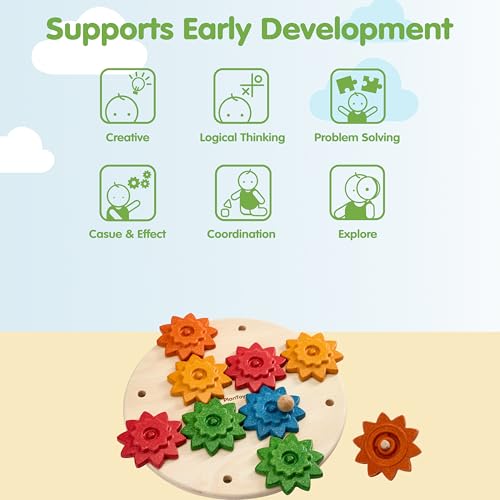 PlanToys® Wooden Spinning Gears Playset Montessori Construction Kids STEM - color: Spinning Gears Playset