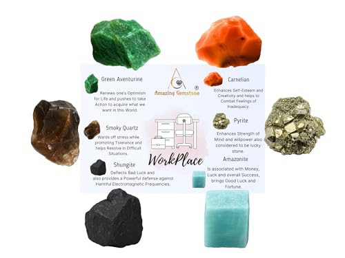 Amazing Gemstone Crystals for Workplace Manifestation, Set of 6 Green Aventurine, Smoky Quartz, Shungite, Carnelian, Pyrite and Amazonite Healing Crystals and Stones - color: Work Place Crystals