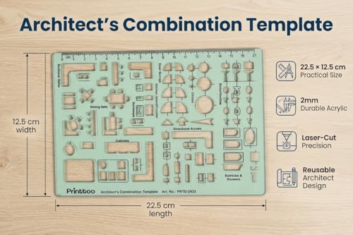 Printtoo Architect's Combination Template Stencil, 2mm Thick Clear Green Acrylic Drafting Ruler with Furniture, Door, Kitchen, Bath & Toilet Symbols for Architects, Students & Designers - color: Series-PRTD-2433A