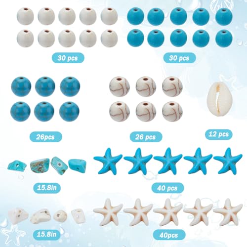 SUNNYCLUE 1 Box About 300Pcs Bohemian Style Starfish Beads Blue White Natural Shell Beads Summer Ocean Animal Starfish Seashell Charms 6mm 8mm Chip Spacers for Jewelry Making Kits - color: Boho Styles Beads Kit-3
