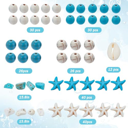 SUNNYCLUE 1 Box About 300Pcs Bohemian Style Starfish Beads Blue White Natural Shell Beads Summer Ocean Animal Starfish Seashell Charms 6mm 8mm Chip Spacers for Jewelry Making Kits - color: Boho Styles Beads Kit-3