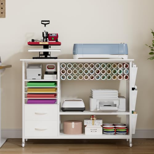 VENNQD Large Heat Press Table Stand, Rolling Heat Transfer Machine Desk Cart Drawers Compatible with Cricut Machines Vinyl Roll Holder DIY Organizer Crafting Table Workbench (White) - color: White