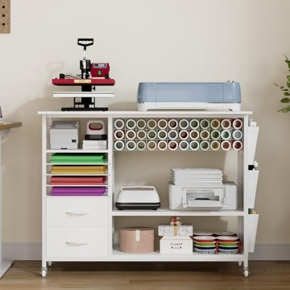 VENNQD Large Heat Press Table Stand, Rolling Heat Transfer Machine Desk Cart Drawers Compatible with Cricut Machines Vinyl Roll Holder DIY Organizer Crafting Table Workbench (White) - color: White