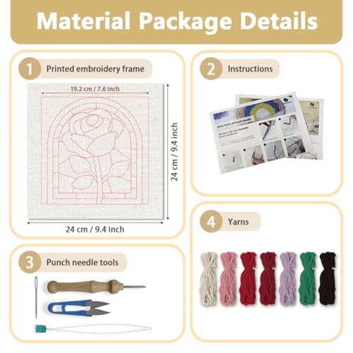 DOODLREAM Rose Window DIY Punch Needle Embroidery Kit for Adult Beginner, 9.4" Red Rose Flower Punch Stitching Craft Set for Starter with Frame, Fabric Pattern, Threader, Yarn, Pinch Needle - color: Rose