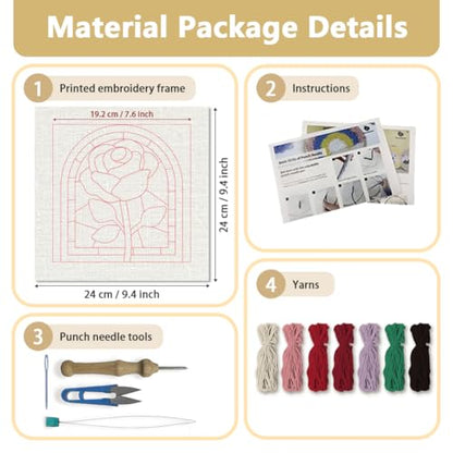 DOODLREAM Rose Window DIY Punch Needle Embroidery Kit for Adult Beginner, 9.4" Red Rose Flower Punch Stitching Craft Set for Starter with Frame, Fabric Pattern, Threader, Yarn, Pinch Needle - color: Rose