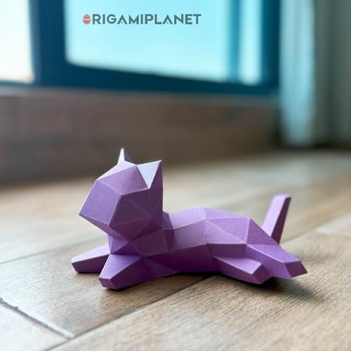3D Origami Paper Craft Kit, Lounge Kitten Cute DIY Pre-Cut Animal Papercraft Model for Beginners, Fun Handmade Home Decoration Gift for Adults & Teens-Purple