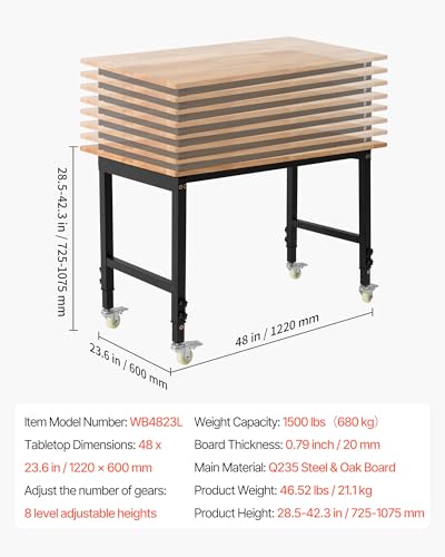 VEVOR Adjustable Workbench on Wheels, 1500 lbs Capacity, 48 x 24 Inch Oak Wood Top Workbench with 28.5-42.3 Inch Height Adjustment, Heavy-Duty Hardwood Worktable for Garage, Workshop, Home, Office