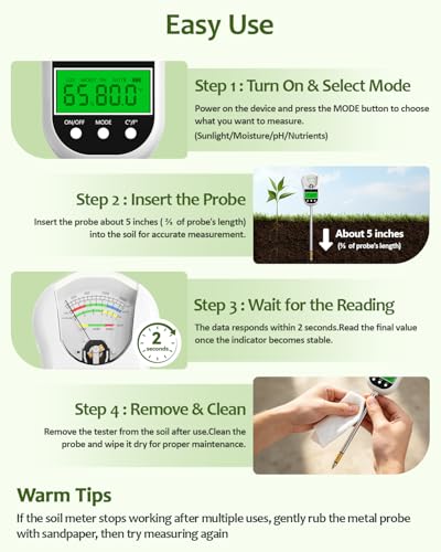 7-in-1 Soil Test Kit, Soil Moisture Meter/pH Meter/Light Intensity/Fertility/Air & Soil Hygrometer Temperature with Large Dual Display for Garden,Lawn, Farm, Indoor Outdoor Plants-Warm White