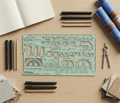 Printtoo 2 mm Thick Architect Combination Template Ruler, Transparent Green Acrylic Drafting Stencil with 1:50 Scale, Door, Bath, Furniture & Electrical Symbols for Architecture Design - color: Series-PRTD-2422A